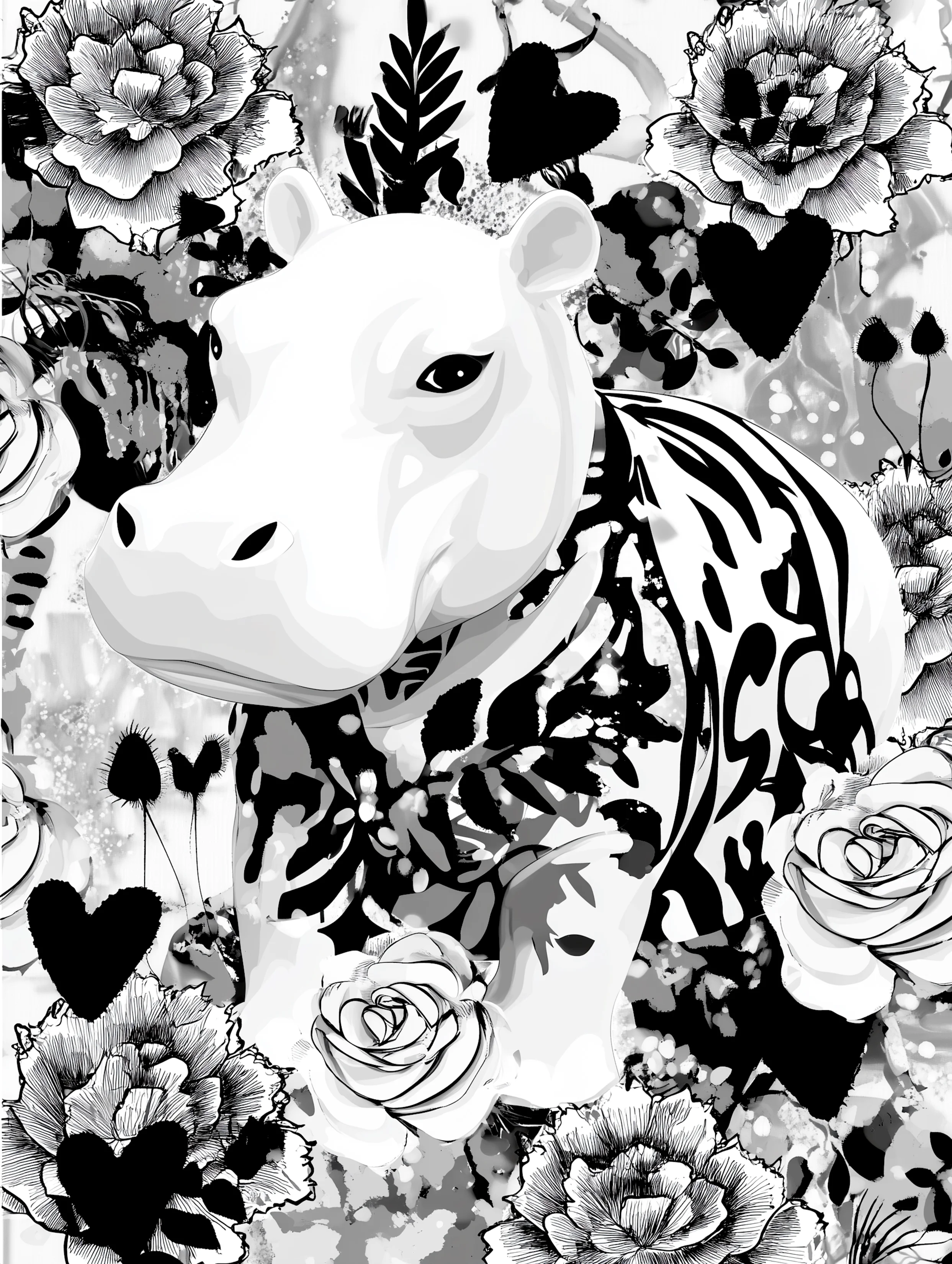 Free printable hippo coloring page featuring hippo in nature with hearts